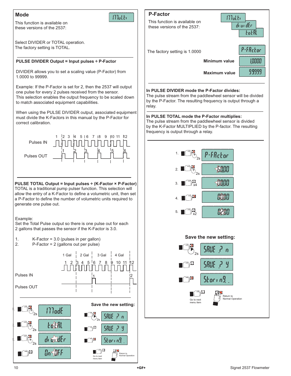 Mode, P-factor, Save the new setting | GF Signet 2537 Paddlewheel Flow Sensor User Manual | Page 10 / 16