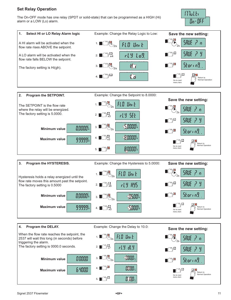 Set relay operation, Save the new setting, Select hi or lo relay alarm logic | GF Signet 2537 Paddlewheel Flow Sensor User Manual | Page 11 / 16