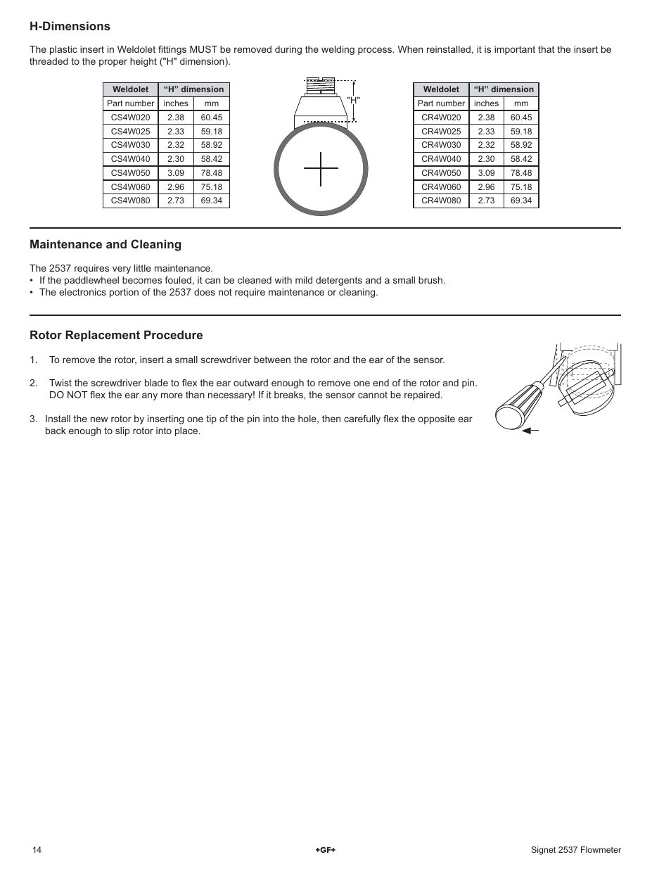 Maintenance and cleaning, Rotor replacement procedure, H-dimensions | GF Signet 2537 Paddlewheel Flow Sensor User Manual | Page 14 / 16