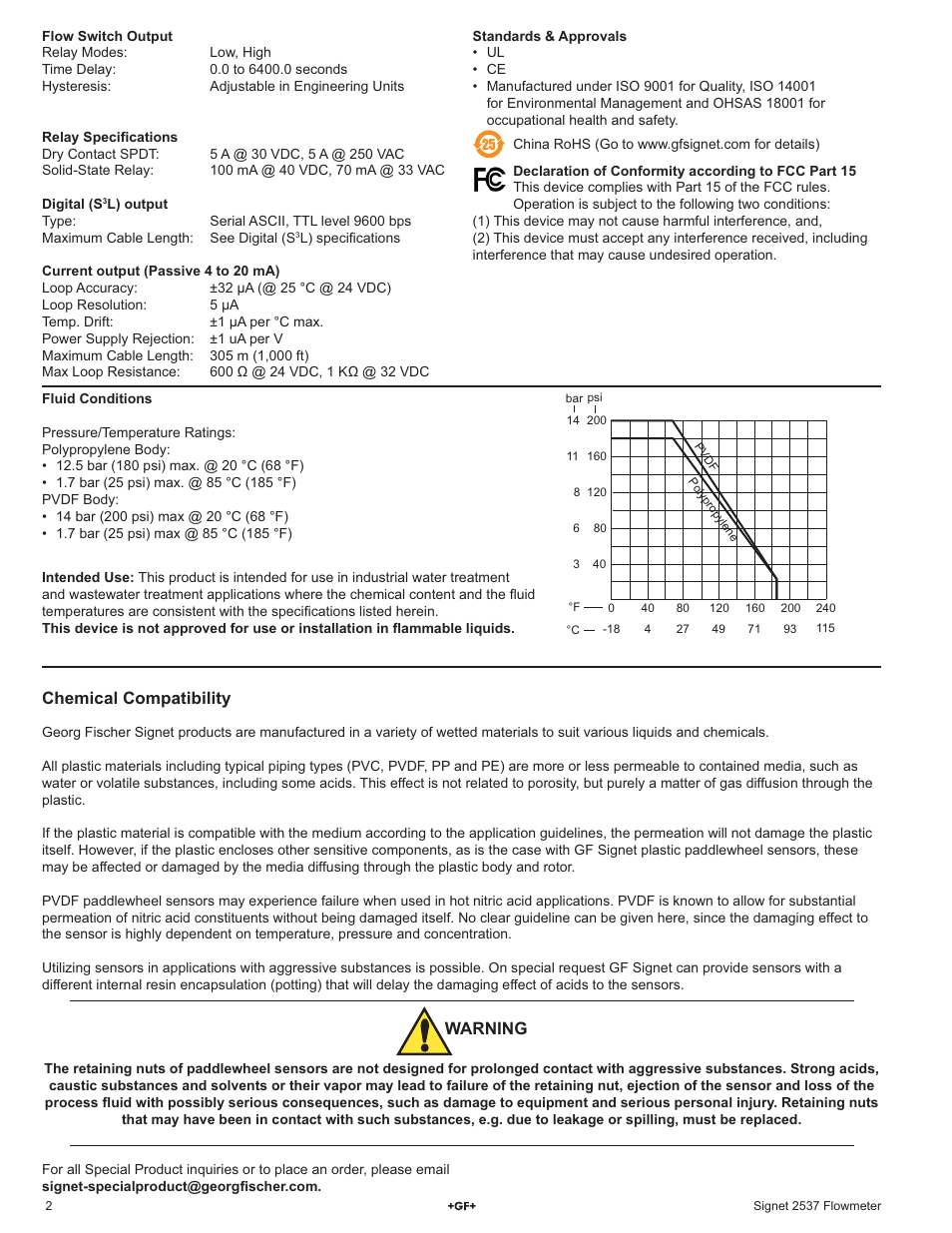 Chemical compatibility, Warning | GF Signet 2537 Paddlewheel Flow Sensor User Manual | Page 2 / 16