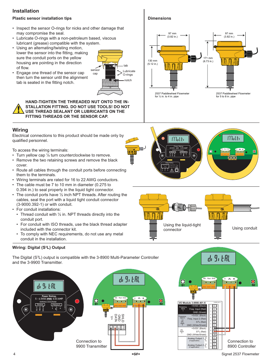 Installation, Wiring, Dimensions | Wiring: digital (s, L) output the digital (s | GF Signet 2537 Paddlewheel Flow Sensor User Manual | Page 4 / 16