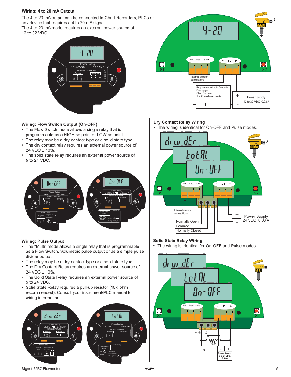 Wiring: 4 to 20 ma output, S1 s2, Normally closed common normally open | GF Signet 2537 Paddlewheel Flow Sensor User Manual | Page 5 / 16