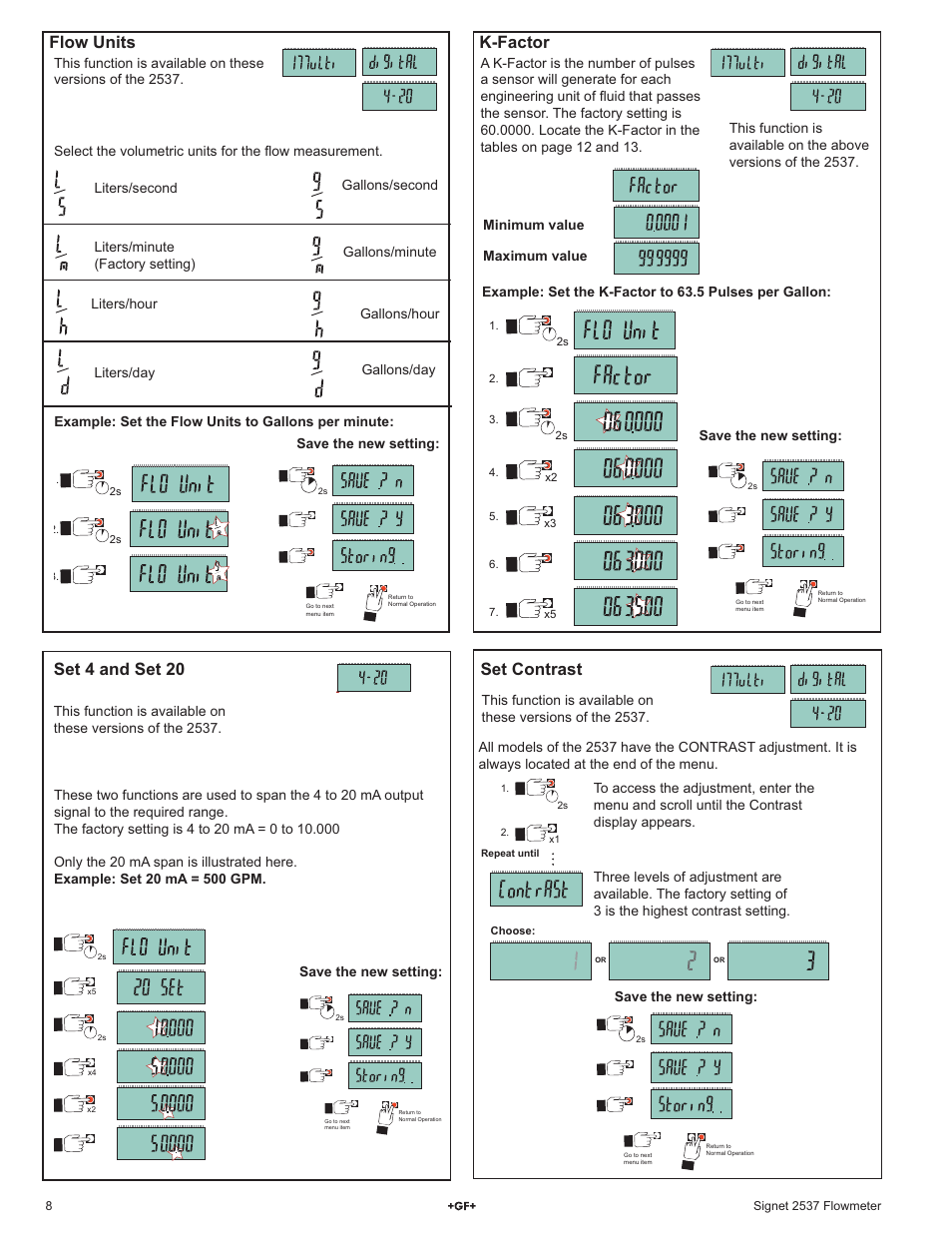 Set 4 and set 20, K-factor, Flow units | Set contrast, Save the new setting | GF Signet 2537 Paddlewheel Flow Sensor User Manual | Page 8 / 16