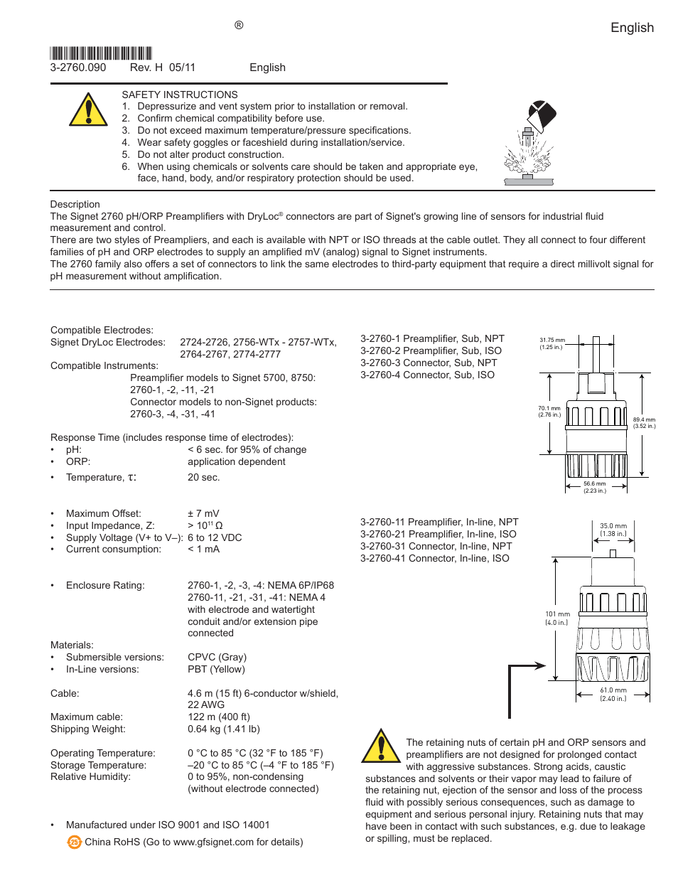 GF Signet 2760 DryLoc pH_ORP Preamplifier and Connectors User Manual | 8 pages
