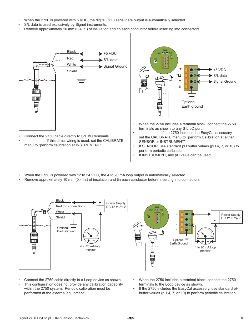 Digital (s, L) wiring, 4 to 20 ma loop wiring | GF Signet 2750 DryLoc pH_ORP Sensor Electronics User Manual | Page 5 / 8