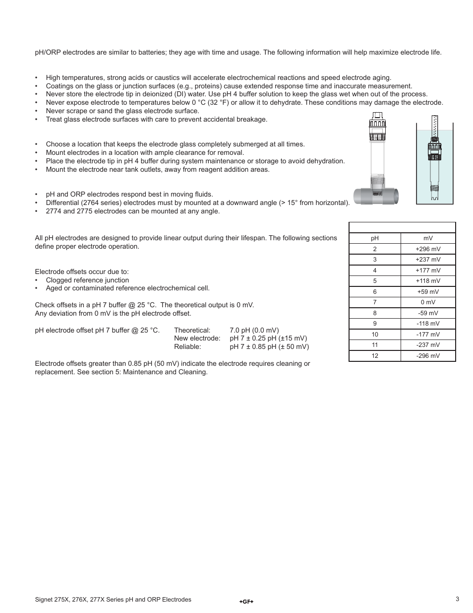 Electrode care and application, Ph electrode calibration | GF Signet 2764-2767 Differential DryLoc pH_ORP Electrodes User Manual | Page 3 / 8