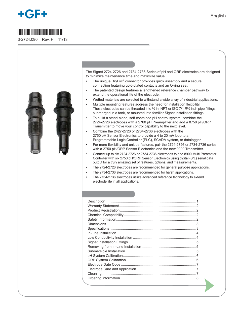 GF Signet 2724-2726 pH_ORP Electrodes User Manual | 8 pages