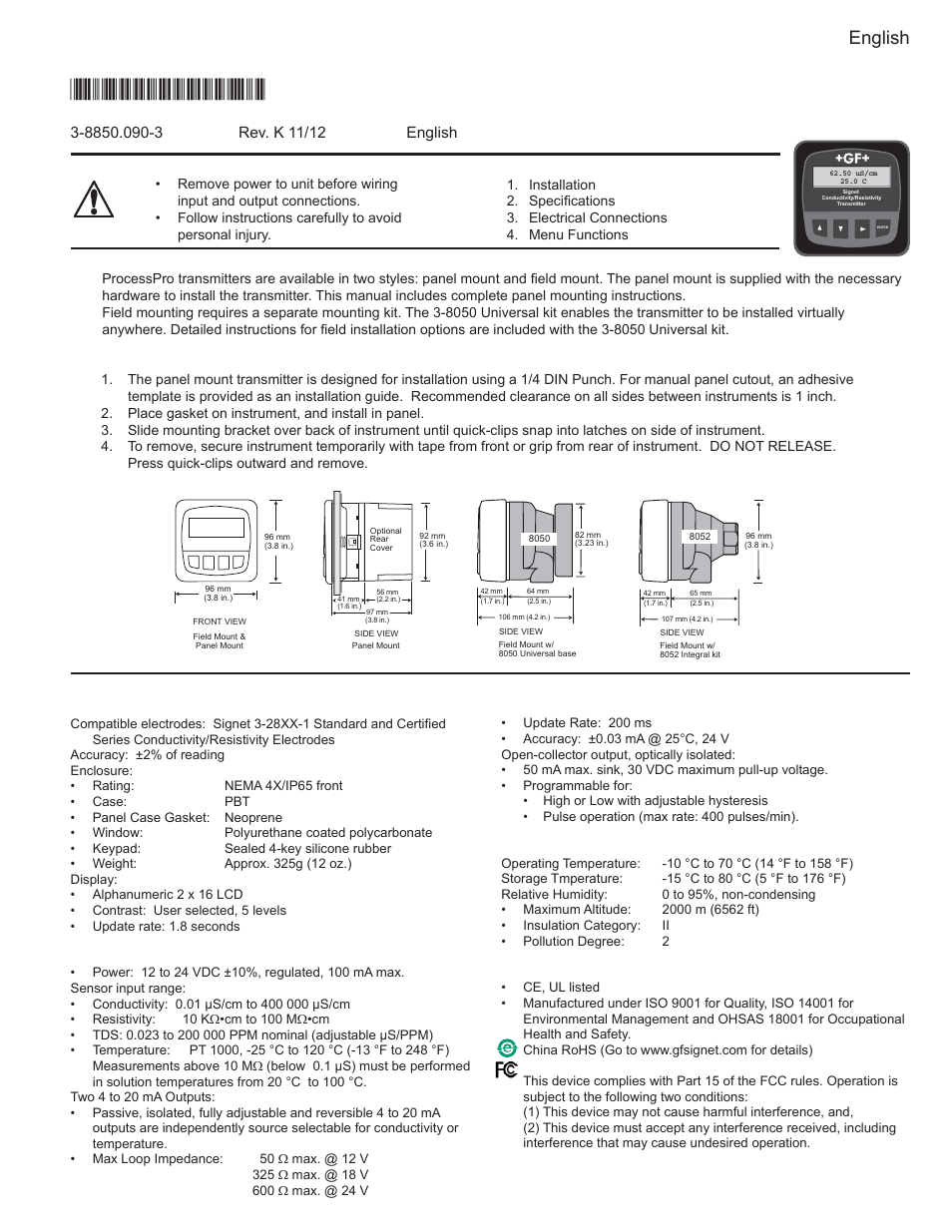 GF Signet 8850 ProcessPro Conductivity-Resistivity Transmitter User Manual | 12 pages