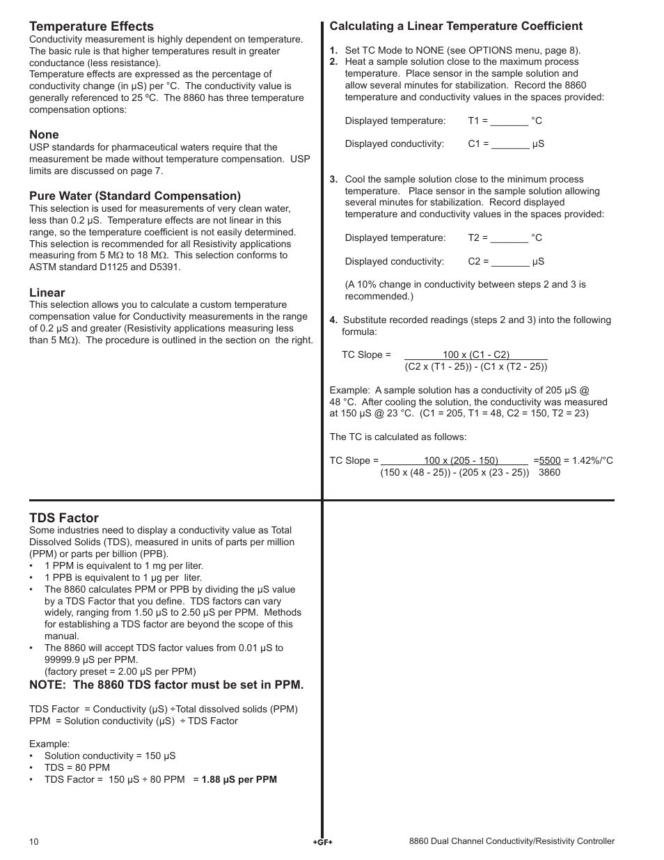 Tds factor, Temperature effects | GF Signet 8860 Dual Channel Conductivity-Resistivity Controller User Manual | Page 10 / 12