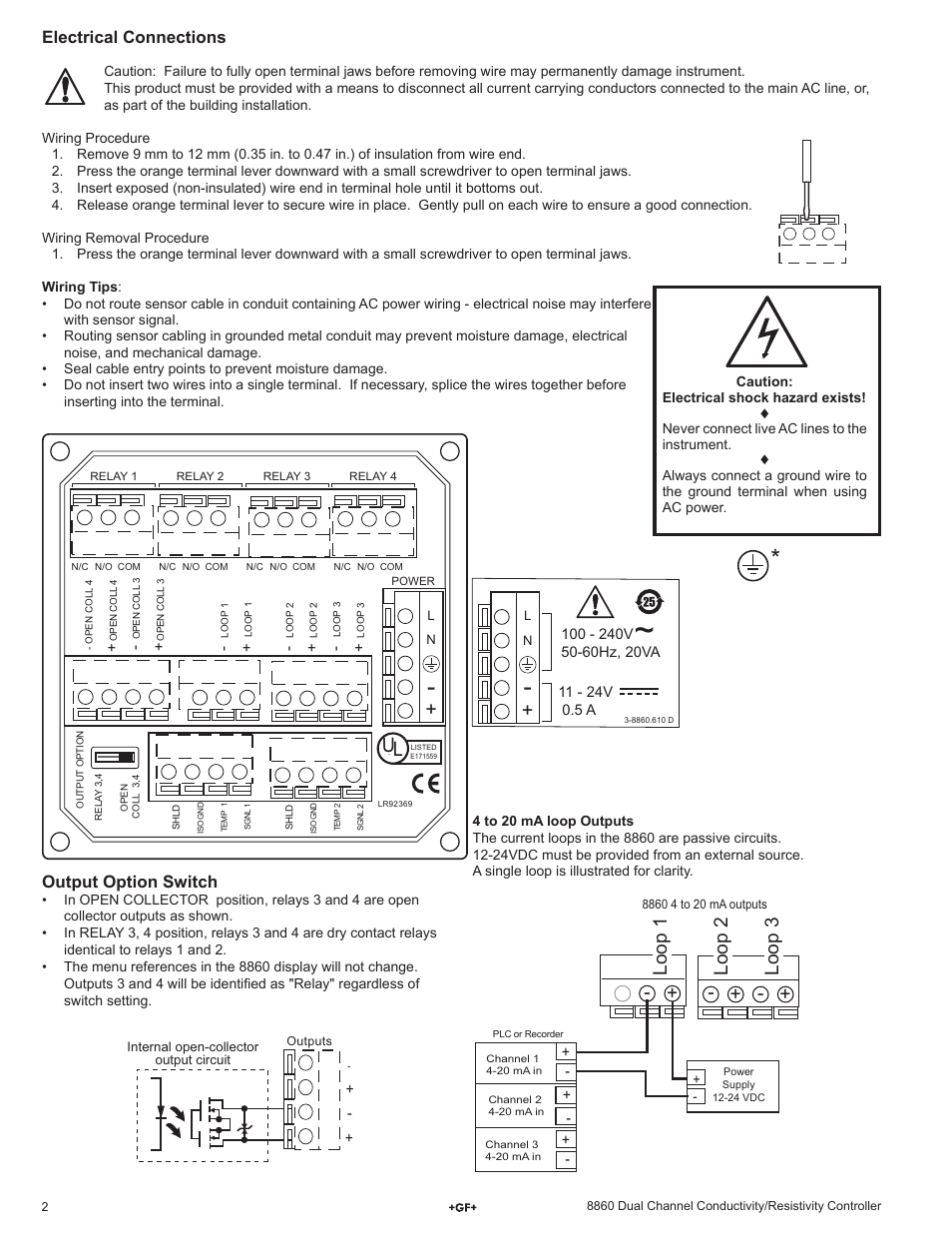 Loop 1 loop 2 loop 3, Electrical connections, Output option switch | GF Signet 8860 Dual Channel Conductivity-Resistivity Controller User Manual | Page 2 / 12
