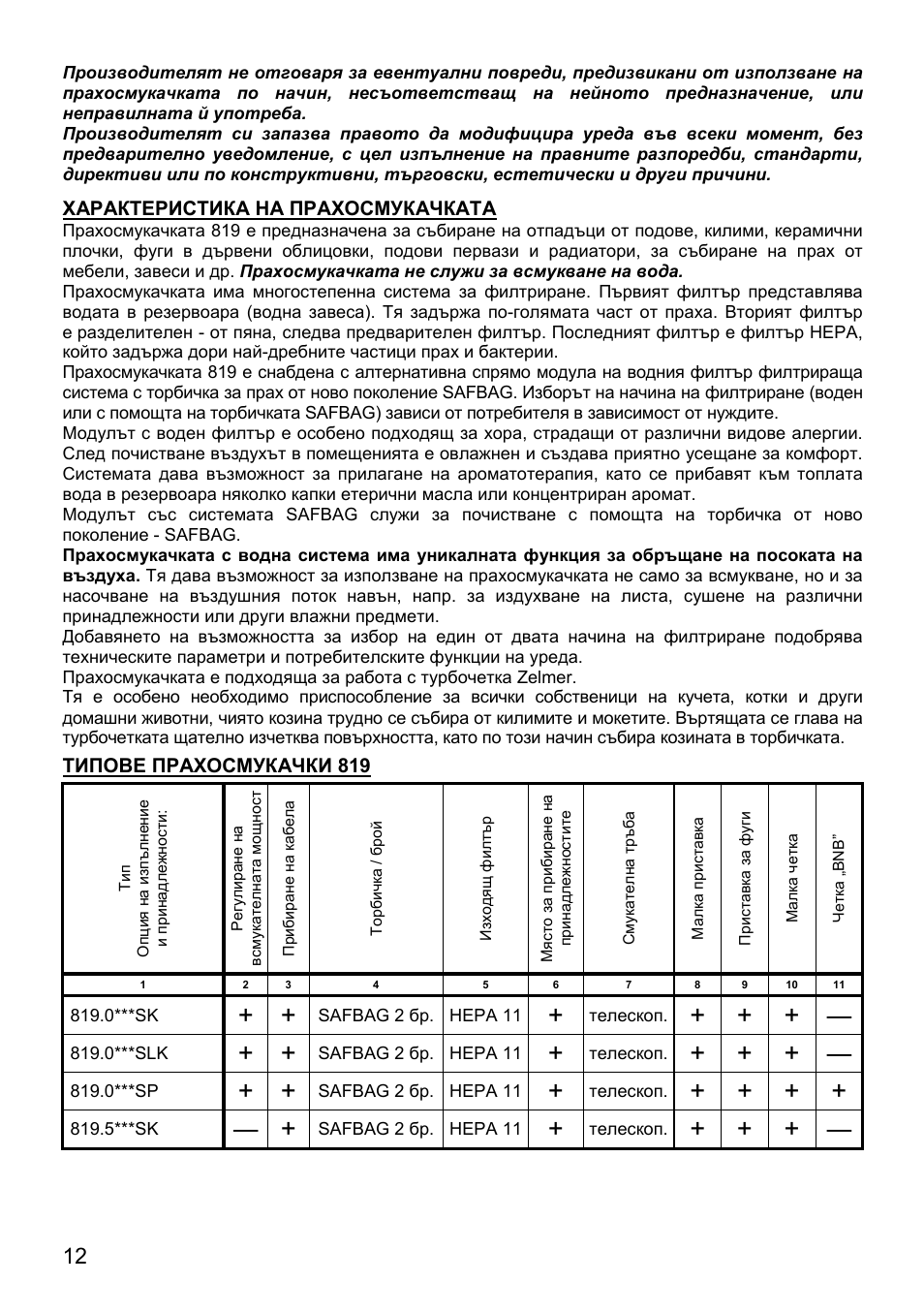 Характеристика на прахосмукачката, Типове прахосмукачки 819 | ZELMER 819 User Manual | Page 12 / 84