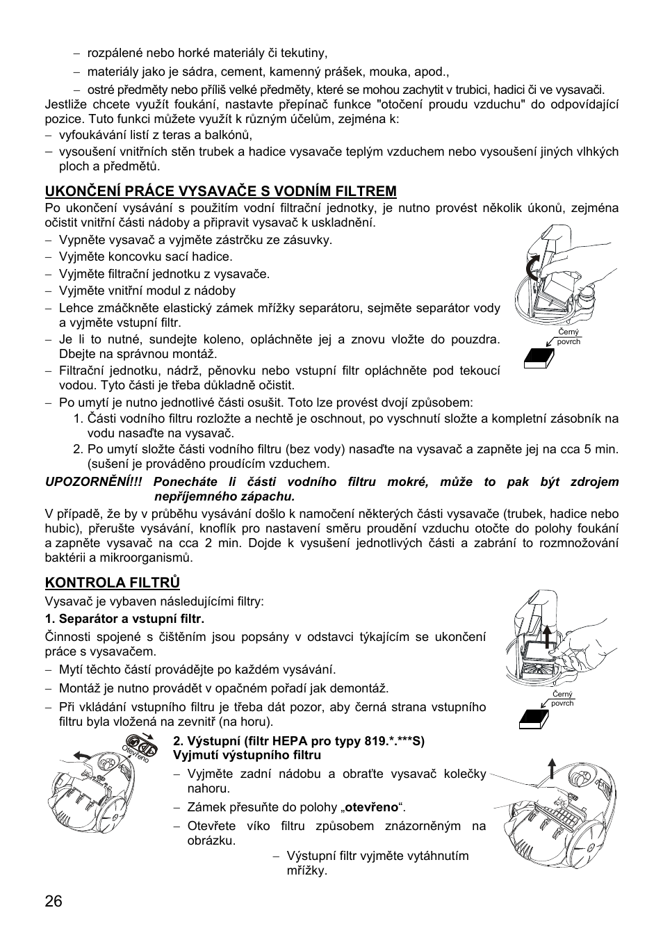 Ukončení práce vysavače s vodním filtrem, Kontrola filtrů | ZELMER 819 User Manual | Page 26 / 84