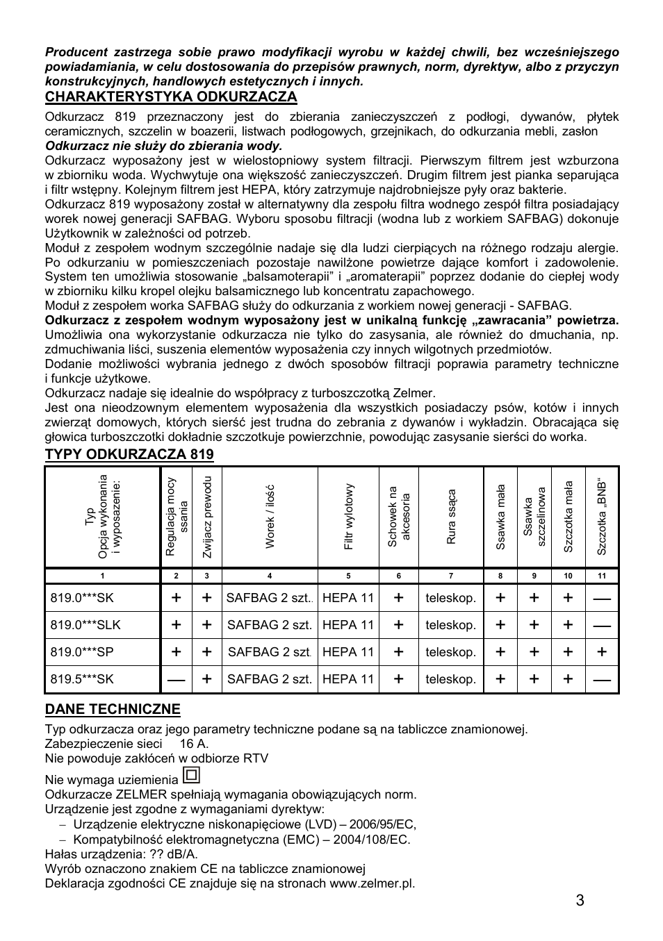 Charakterystyka odkurzacza, Typy odkurzacza 819, Dane techniczne | ZELMER 819 User Manual | Page 3 / 84