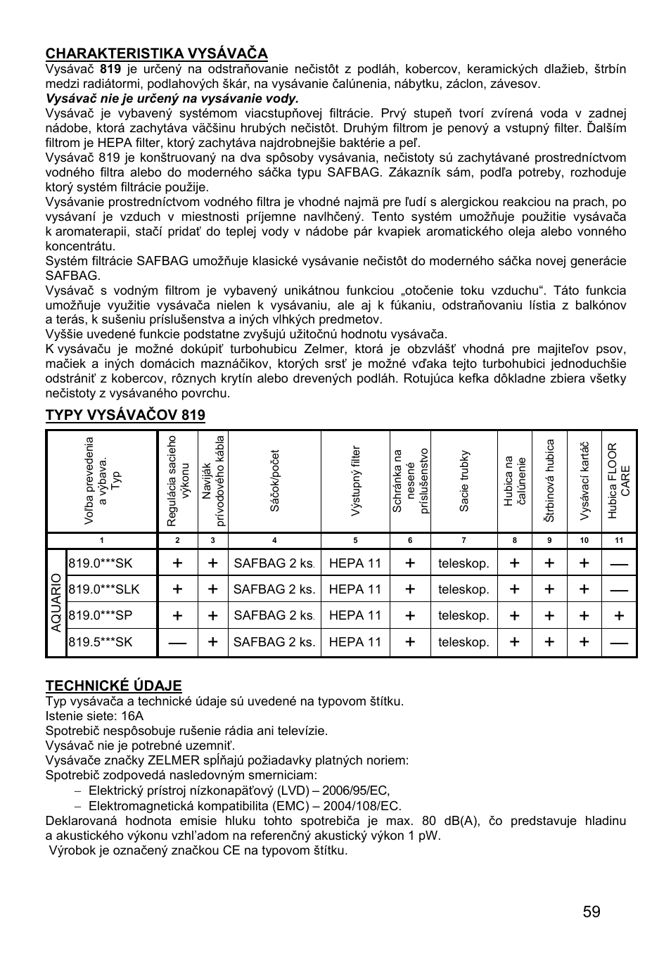 Charakteristika vysávača, Typy vysávačov 819, Technické údaje | ZELMER 819 User Manual | Page 59 / 84
