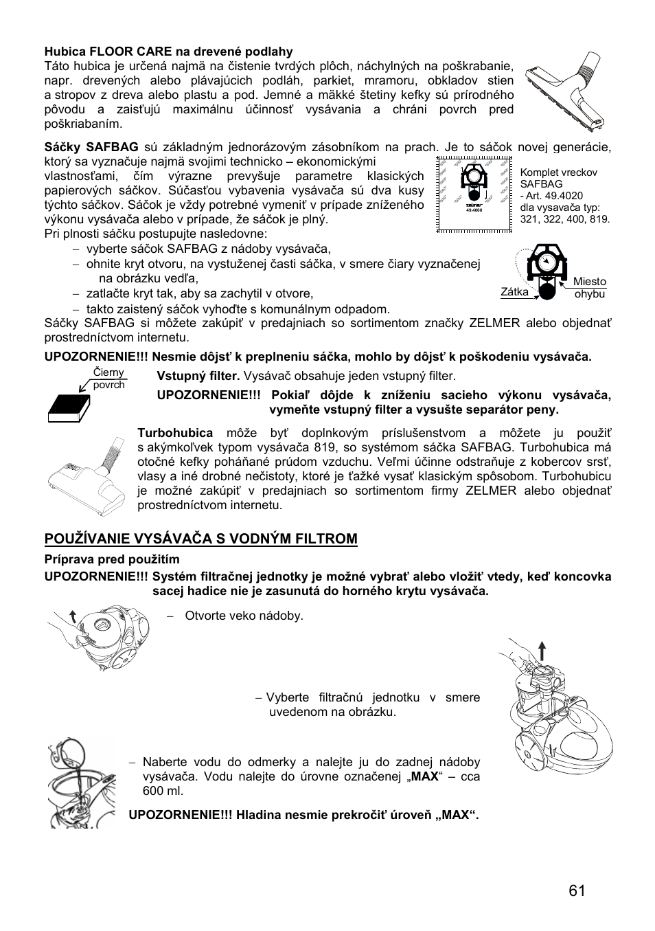 Používanie vysávača s vodným filtrom, Miesto ohybu zátka | ZELMER 819 User Manual | Page 61 / 84