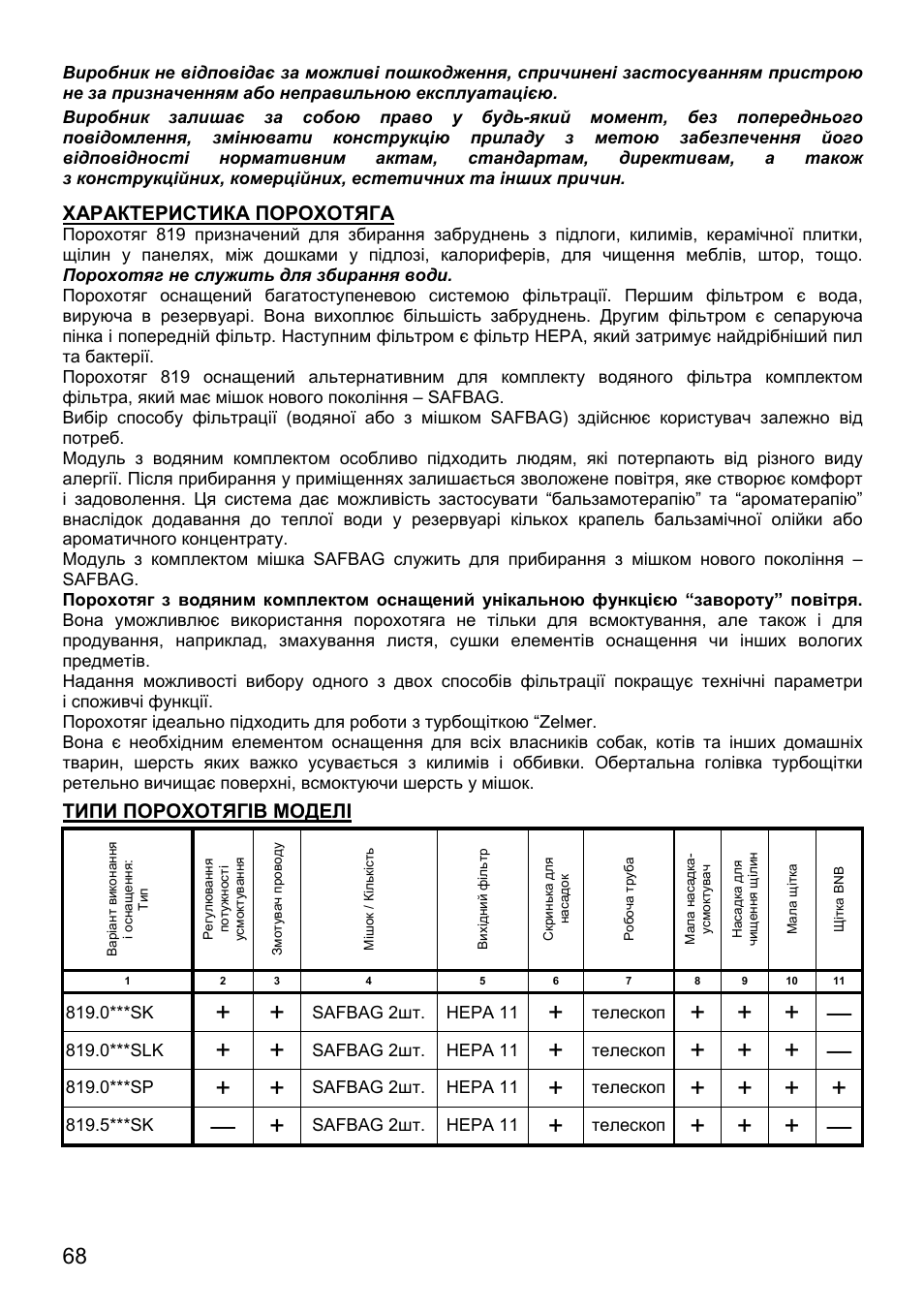 Характеристика порохотяга, Типи порохотягів моделі | ZELMER 819 User Manual | Page 68 / 84
