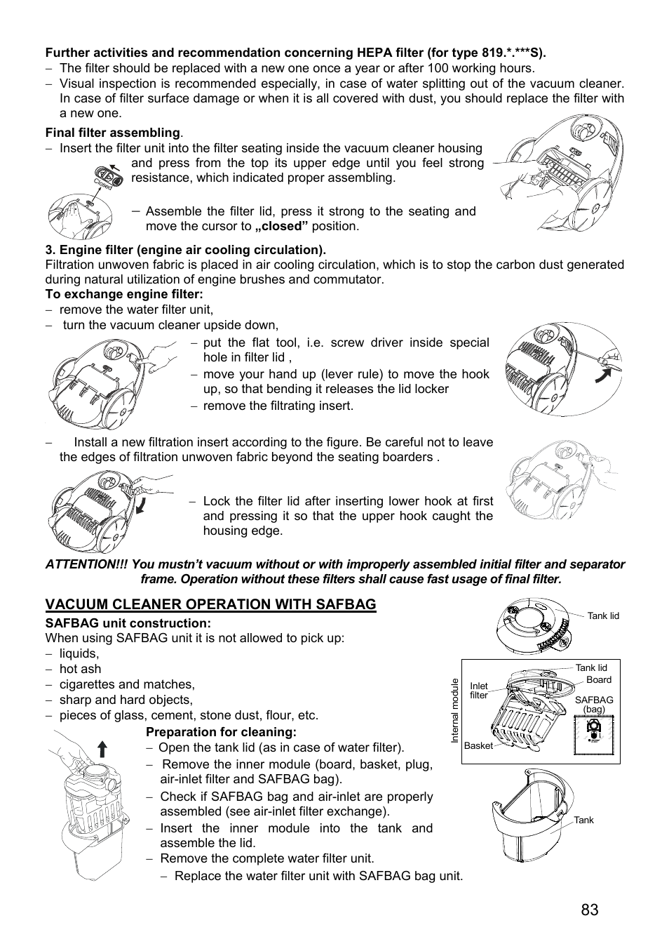 Vacuum cleaner operation with safbag | ZELMER 819 User Manual | Page 83 / 84