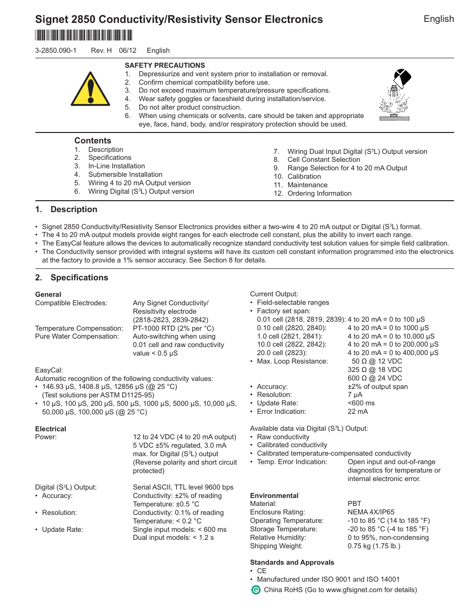 GF Signet 2850 Conductivity-Resistivity Sensor Electronics and Integral System User Manual | 8 pages