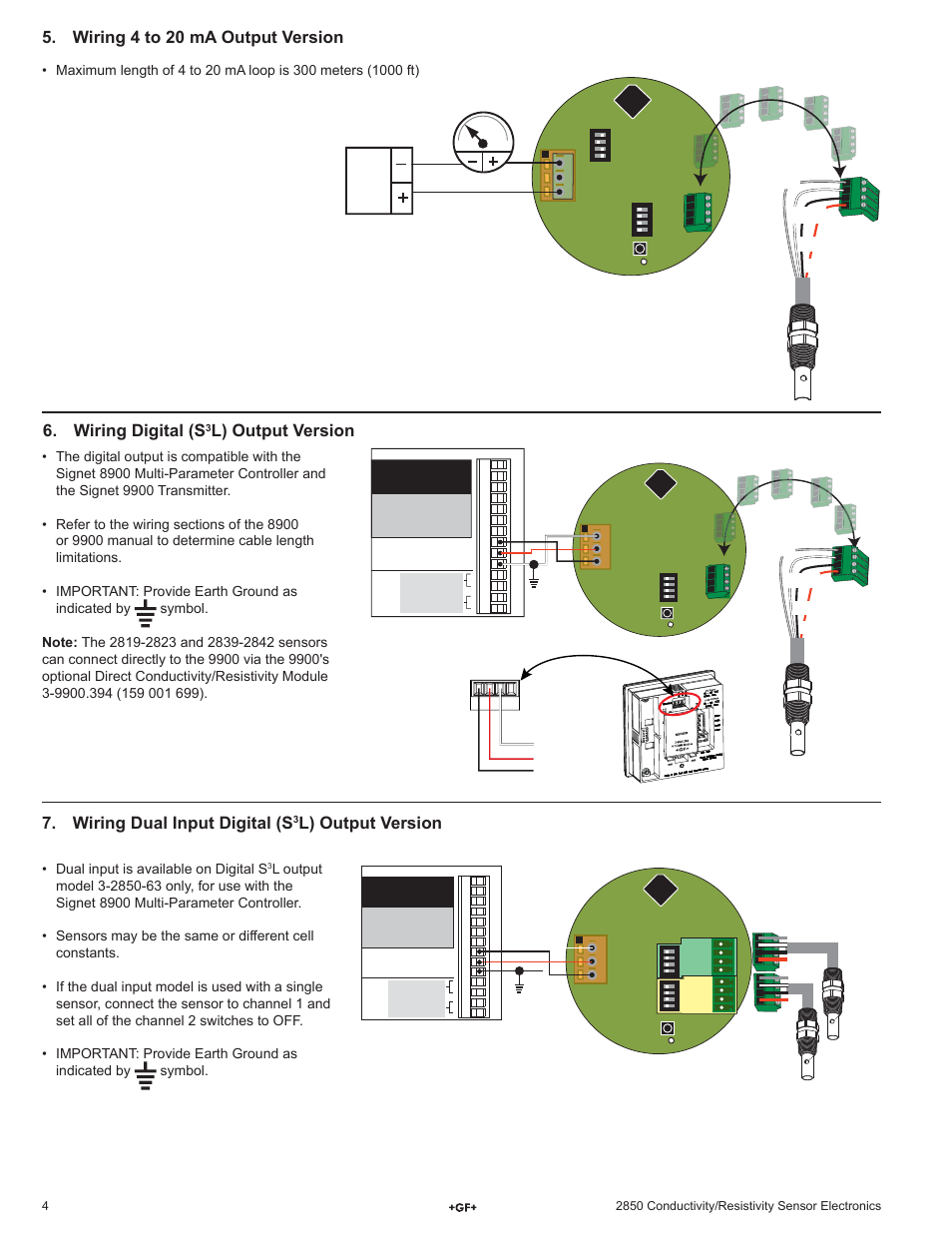 L) output version 7. wiring dual input digital (s, L) output version, Dual input is available on digital s | 9 vdc to 26 vdc, 20 ma loop output | GF Signet 2850 Conductivity-Resistivity Sensor Electronics and Integral System User Manual | Page 4 / 8