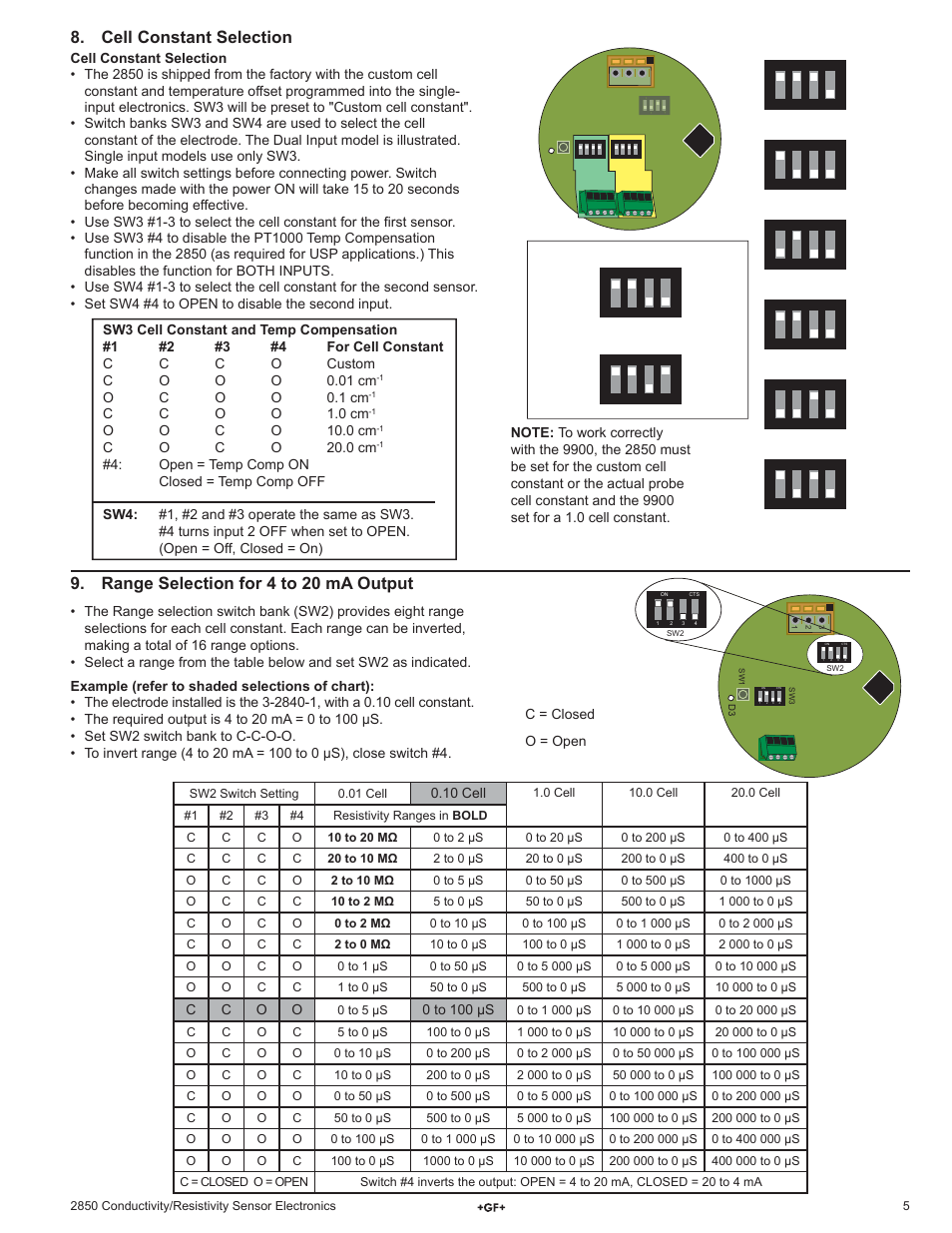Cell constant selection, Range selection for 4 to 20 ma output, 10 cell | Co o, 0 to 100 μs | GF Signet 2850 Conductivity-Resistivity Sensor Electronics and Integral System User Manual | Page 5 / 8