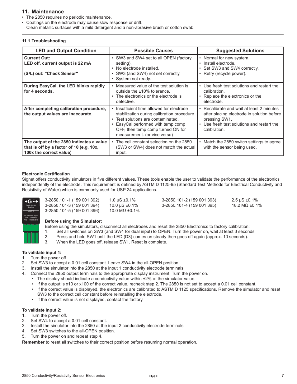 Maintenance | GF Signet 2850 Conductivity-Resistivity Sensor Electronics and Integral System User Manual | Page 7 / 8
