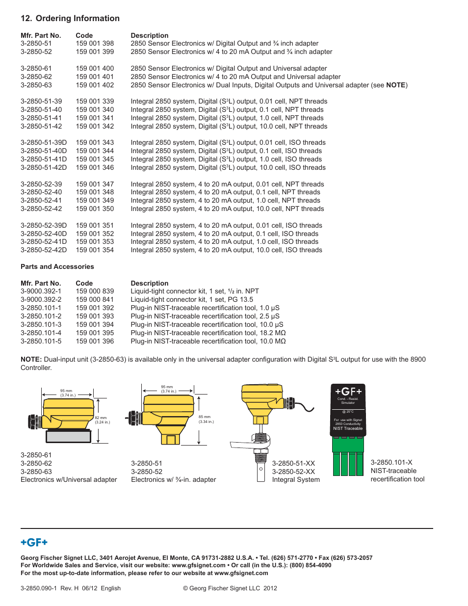 Ordering information | GF Signet 2850 Conductivity-Resistivity Sensor Electronics and Integral System User Manual | Page 8 / 8