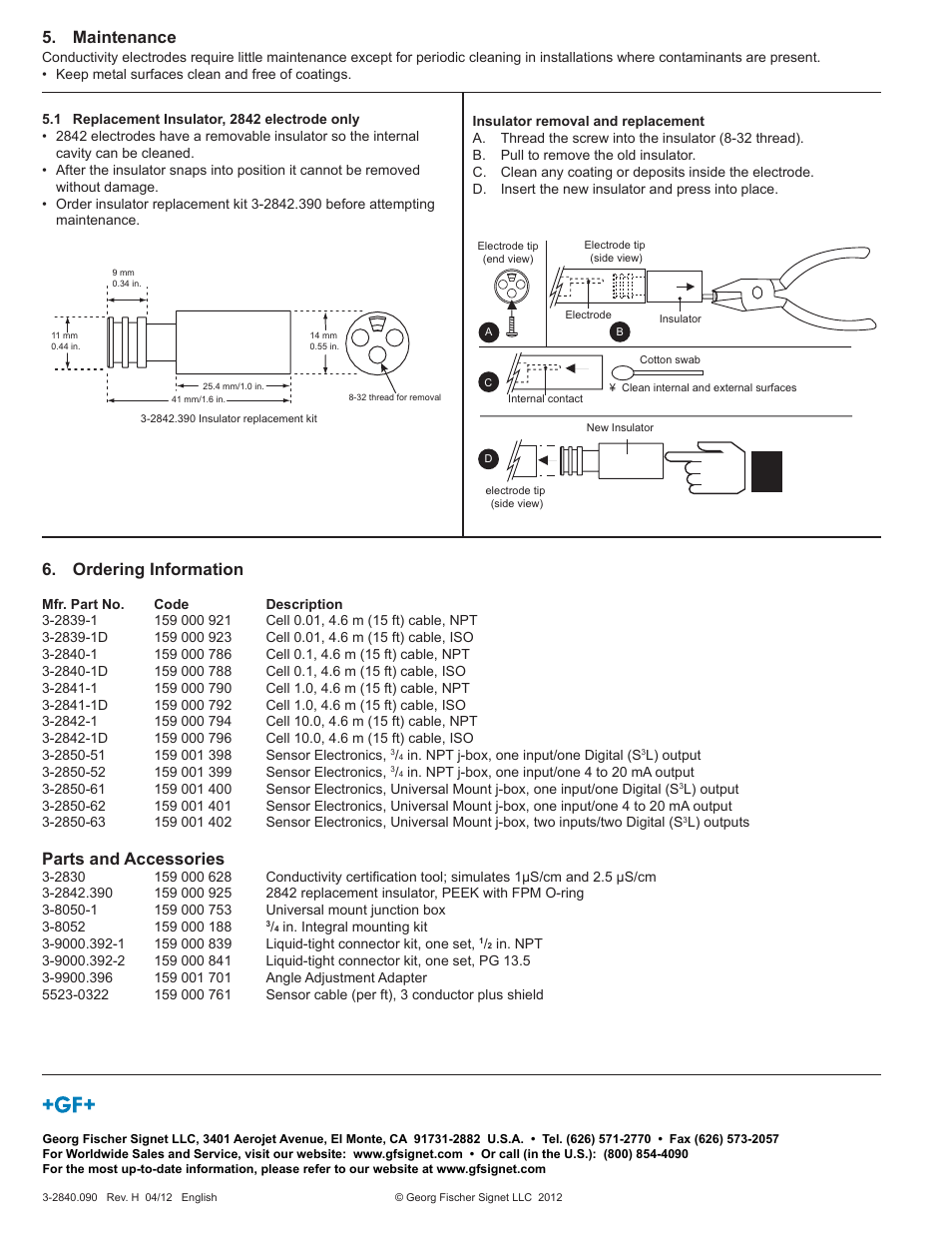 Maintenance, Ordering information, Parts and accessories | GF Signet 2839-2842 NPT Conductivity-Resistivity Electrodes User Manual | Page 4 / 4