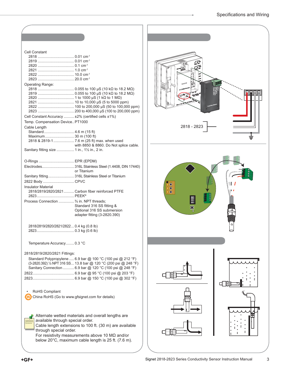 Recommended position, Wiring, Specifi cations | Specifi cations and wiring, Black red white shield, General, Environmental requirements, Standards and approvals | GF Signet 2819-2823 Conductivity-Resistivity Electrodes User Manual | Page 3 / 4