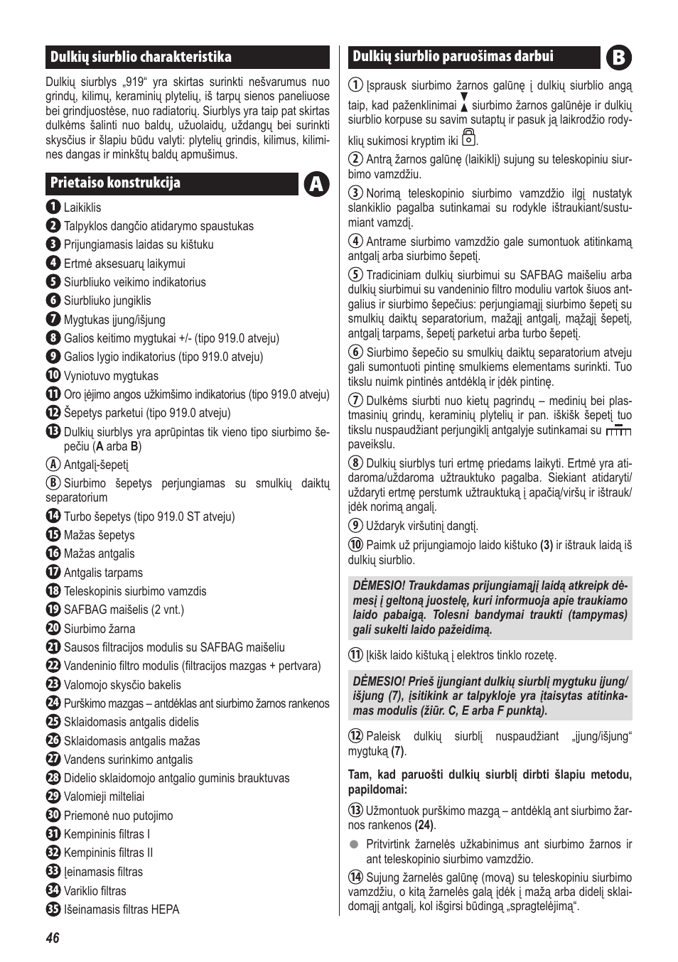 Dulkių siurblio charakteristika, Prietaiso konstrukcija, Dulkių siurblio paruošimas darbui | ZELMER 919 User Manual | Page 42 / 64