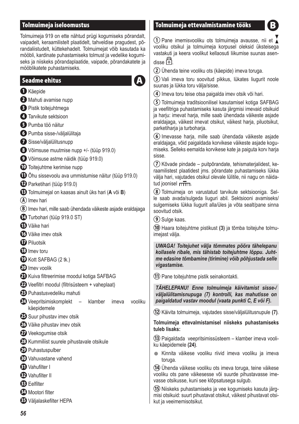 Tolmuimeja iseloomustus, Seadme ehitus, Tolmuimeja ettevalmistamine tööks | ZELMER 919 User Manual | Page 52 / 64