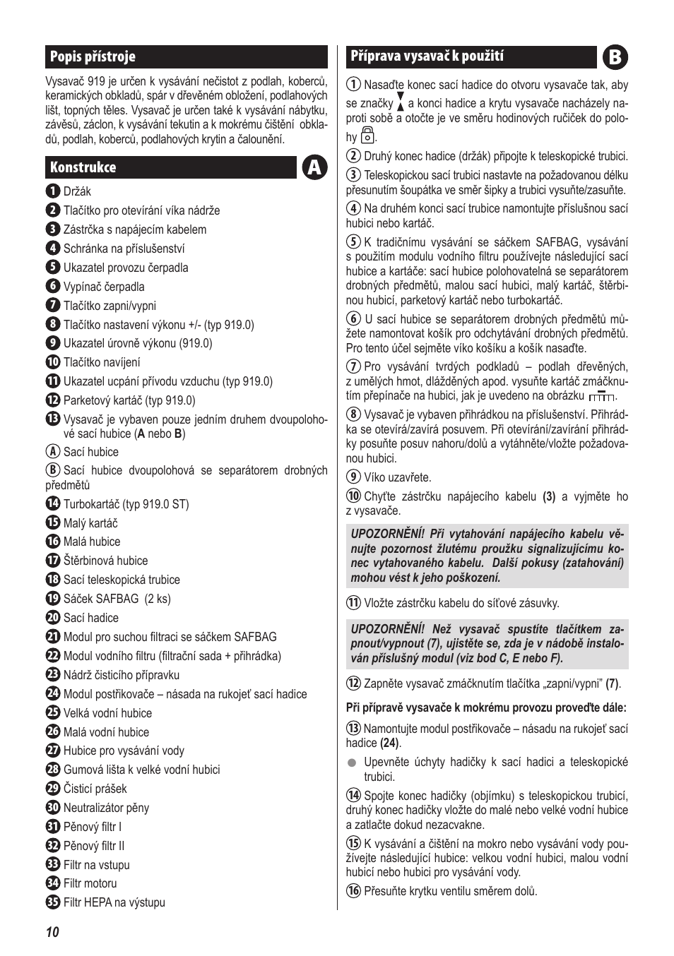 Popis přístroje, Konstrukce, Příprava vysavač k použití | ZELMER 919 User Manual | Page 6 / 64
