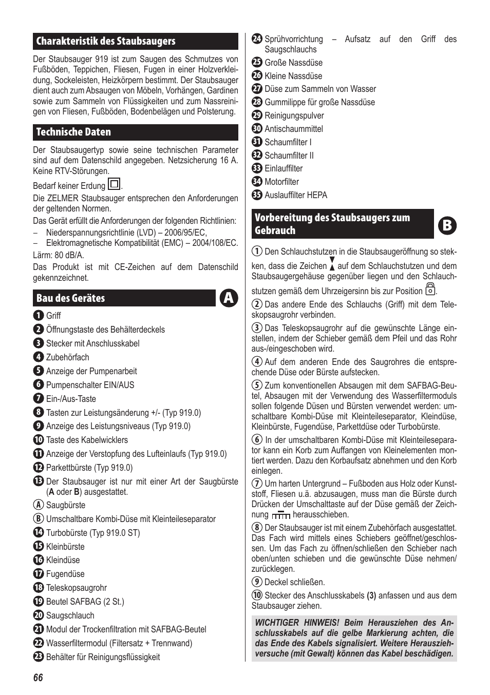 Charakteristik des staubsaugers, Technische daten, Bau des gerätes | Vorbereitung des staubsaugers zum gebrauch | ZELMER 919 User Manual | Page 62 / 64