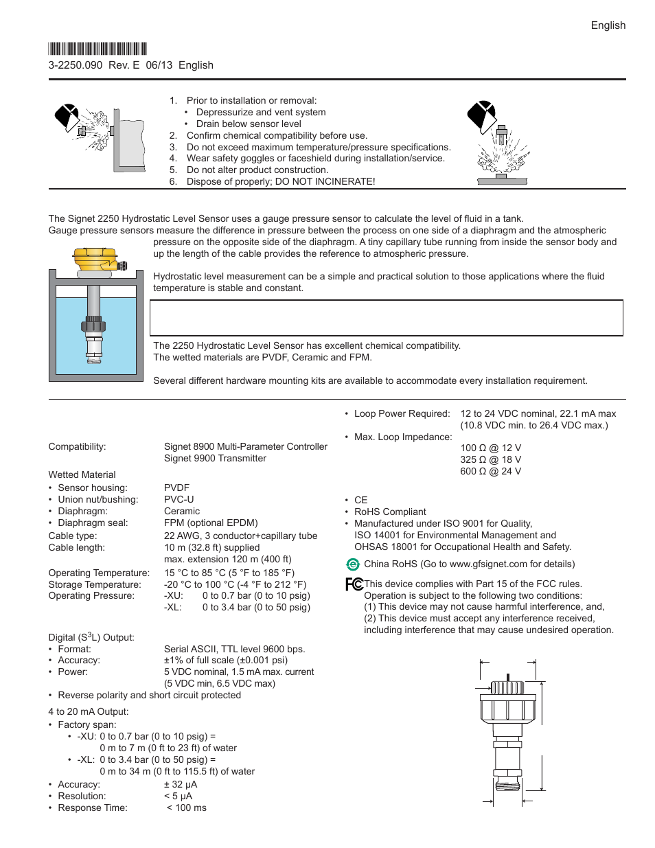 GF Signet 2250 Hydrostatic Level Sensor User Manual | 8 pages
