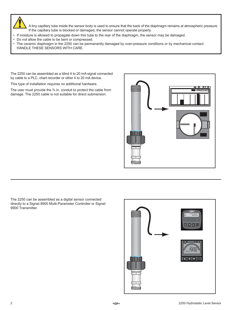 4 to 20 ma, Digital (s, Installation important | GF Signet 2250 Hydrostatic Level Sensor User Manual | Page 2 / 8