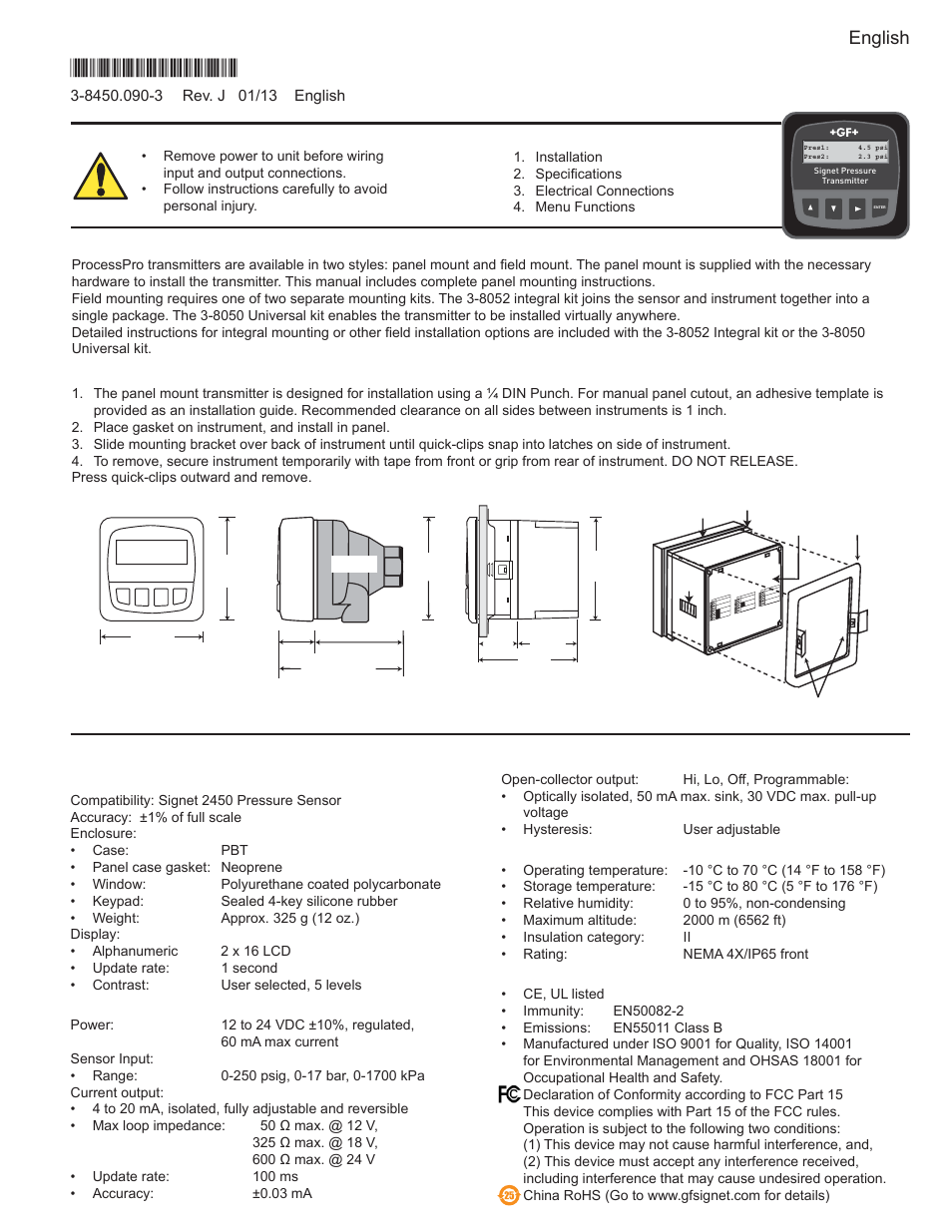 GF Signet 8450 Pressure Transmitter User Manual | 8 pages