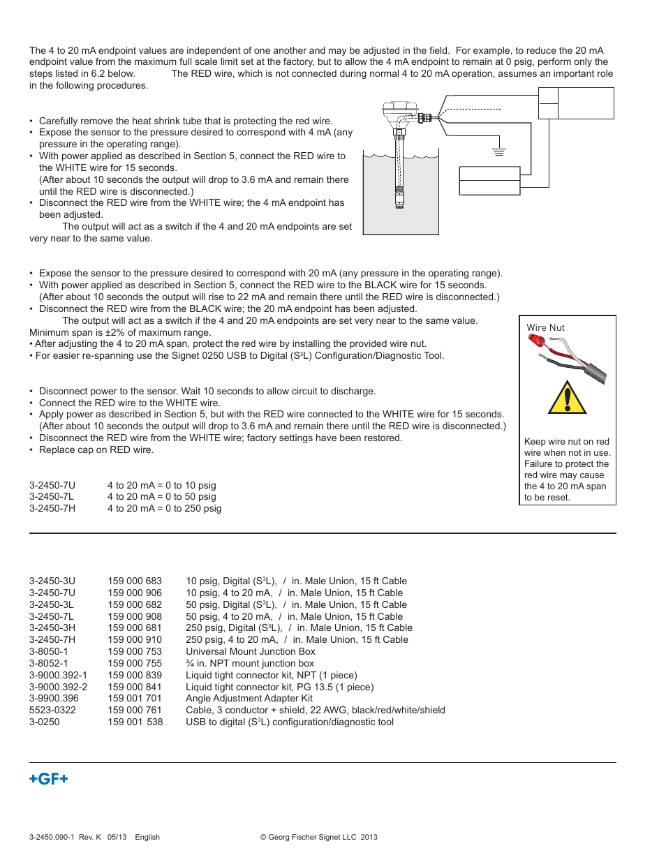4 to 20 ma span adjustment, Ordering information | GF Signet 2450 Pressure Sensor User Manual | Page 4 / 4