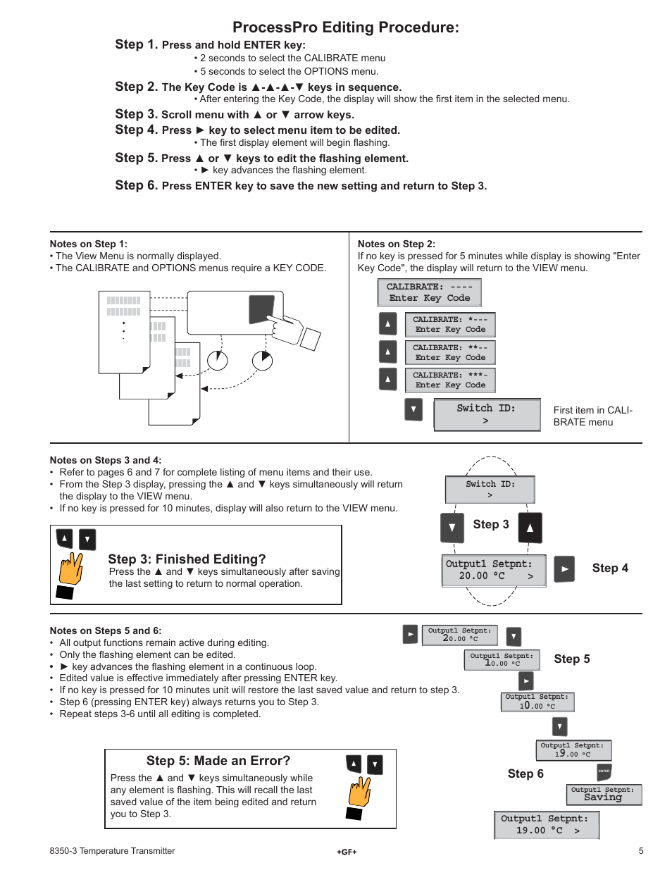 Processpro editing procedure, Step 1, Step 2 | Step 3, Step 4, Step 5, Step 6, Step 3: finished editing, Step 5: made an error | GF Signet 8350 Temperature Transmitter User Manual | Page 5 / 8