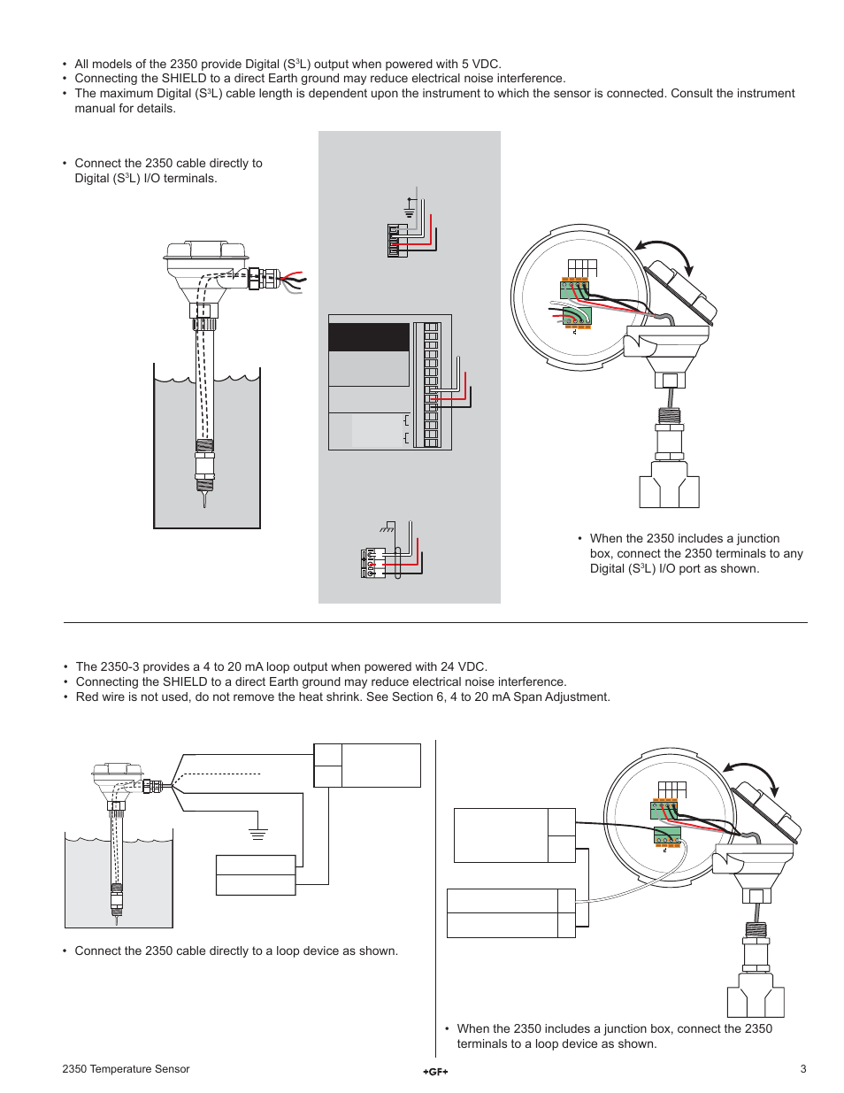 Digital (s, L) wiring, 4 to 20 ma loop wiring | Power supply dc 12 - 24 v, 9900 s, L connector, All models of the 2350 provide digital (s, Loop input, 8900 i/o module connector, 8350 temperature transmitter | GF Signet 2350 Temperature Sensor User Manual | Page 3 / 4