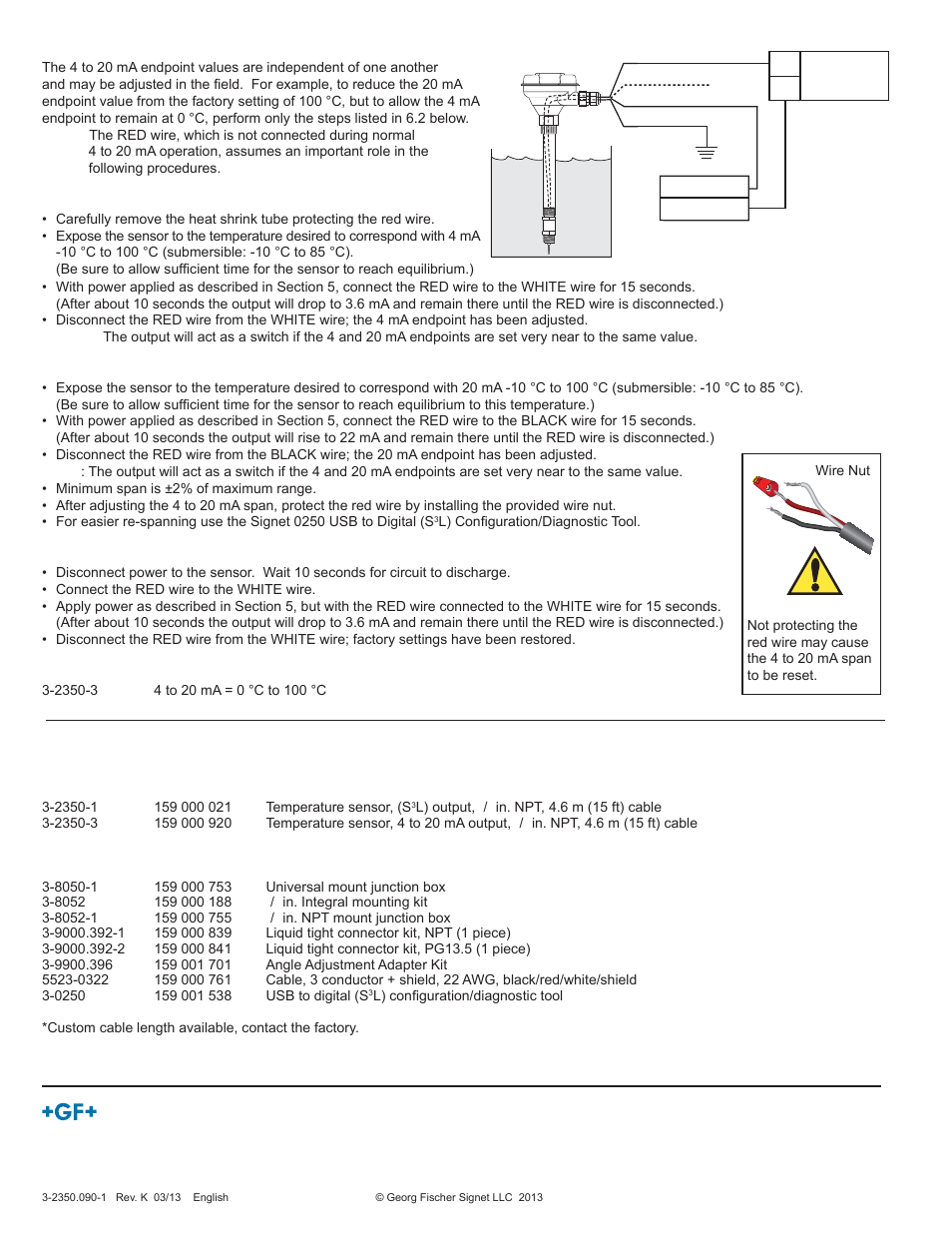 Ordering information, 4 to 20 ma span adjustment | GF Signet 2350 Temperature Sensor User Manual | Page 4 / 4