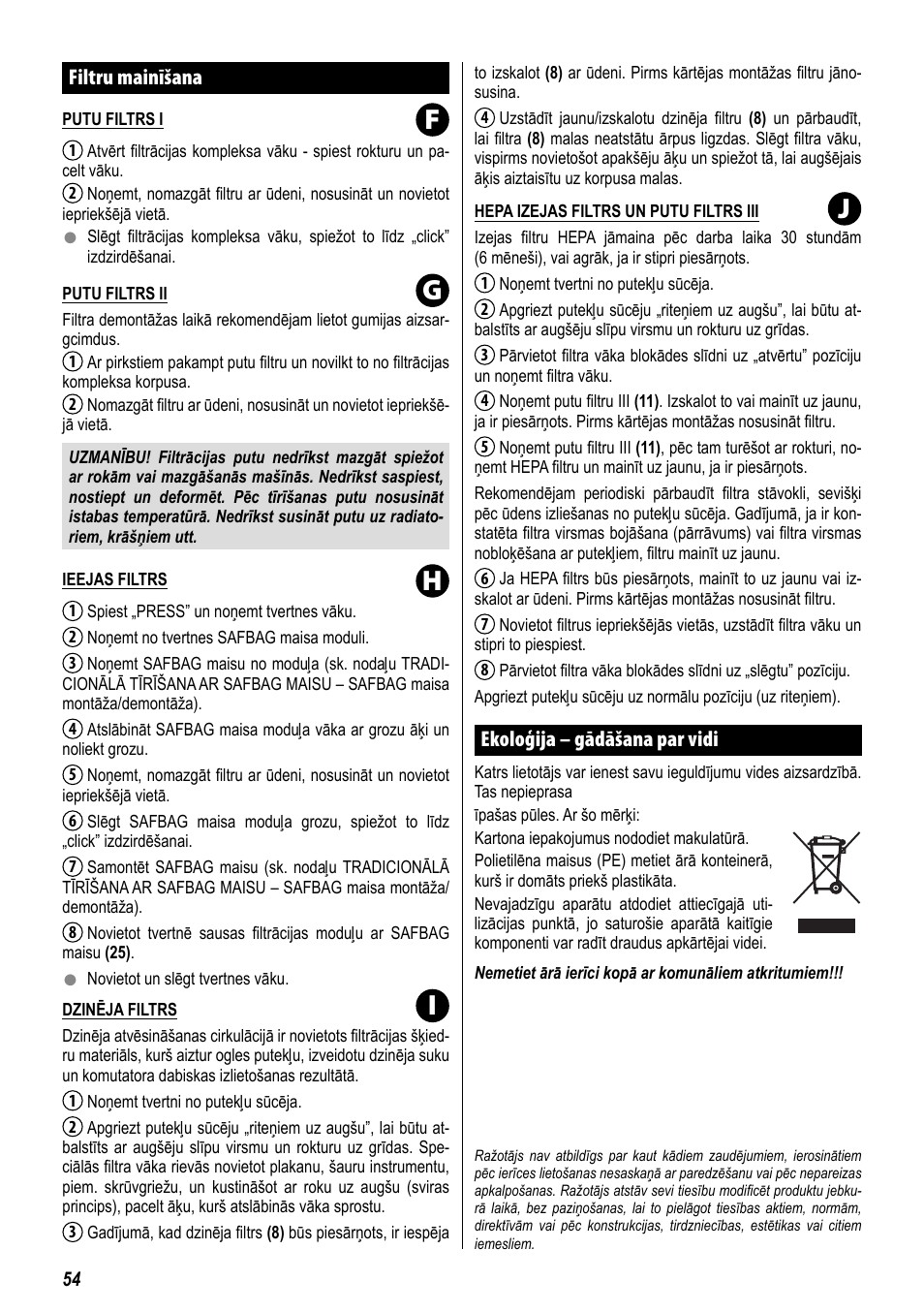 Fg h i j, Filtru mainīšana, Ekoloģija – gādāšana par vidi | ZELMER 829 User Manual | Page 51 / 67