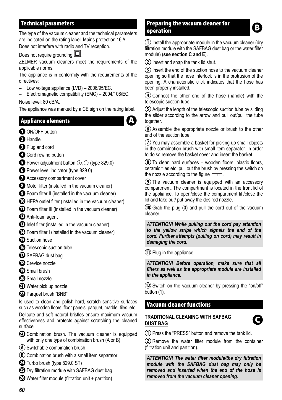 Technical parameters, Appliance elements, Preparing the vacuum cleaner for operation | Vacuum cleaner functions | ZELMER 829 User Manual | Page 57 / 67