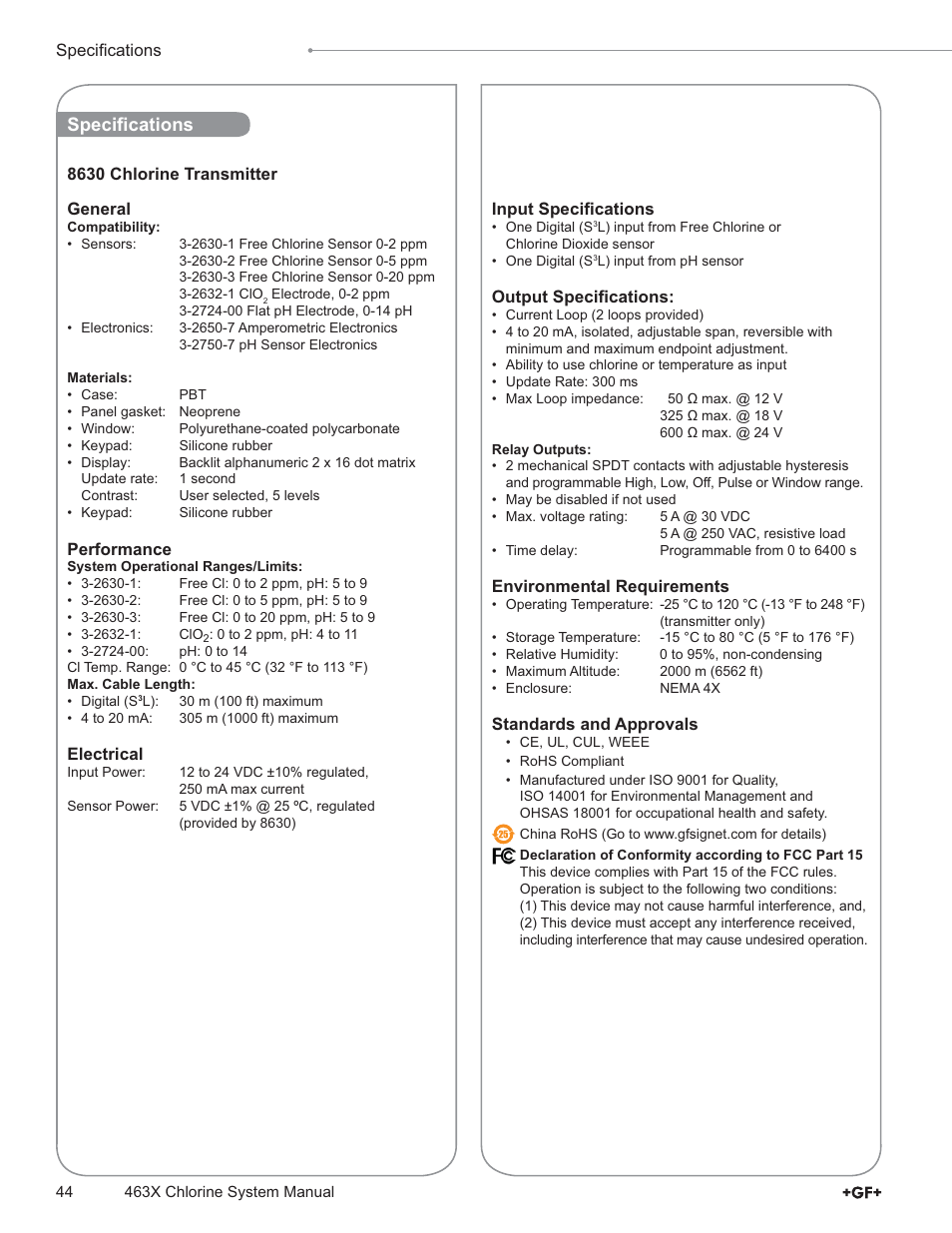 Speci¿ cations | GF Signet 4632 Chlorine Dioxide Analyzer System User Manual | Page 44 / 48