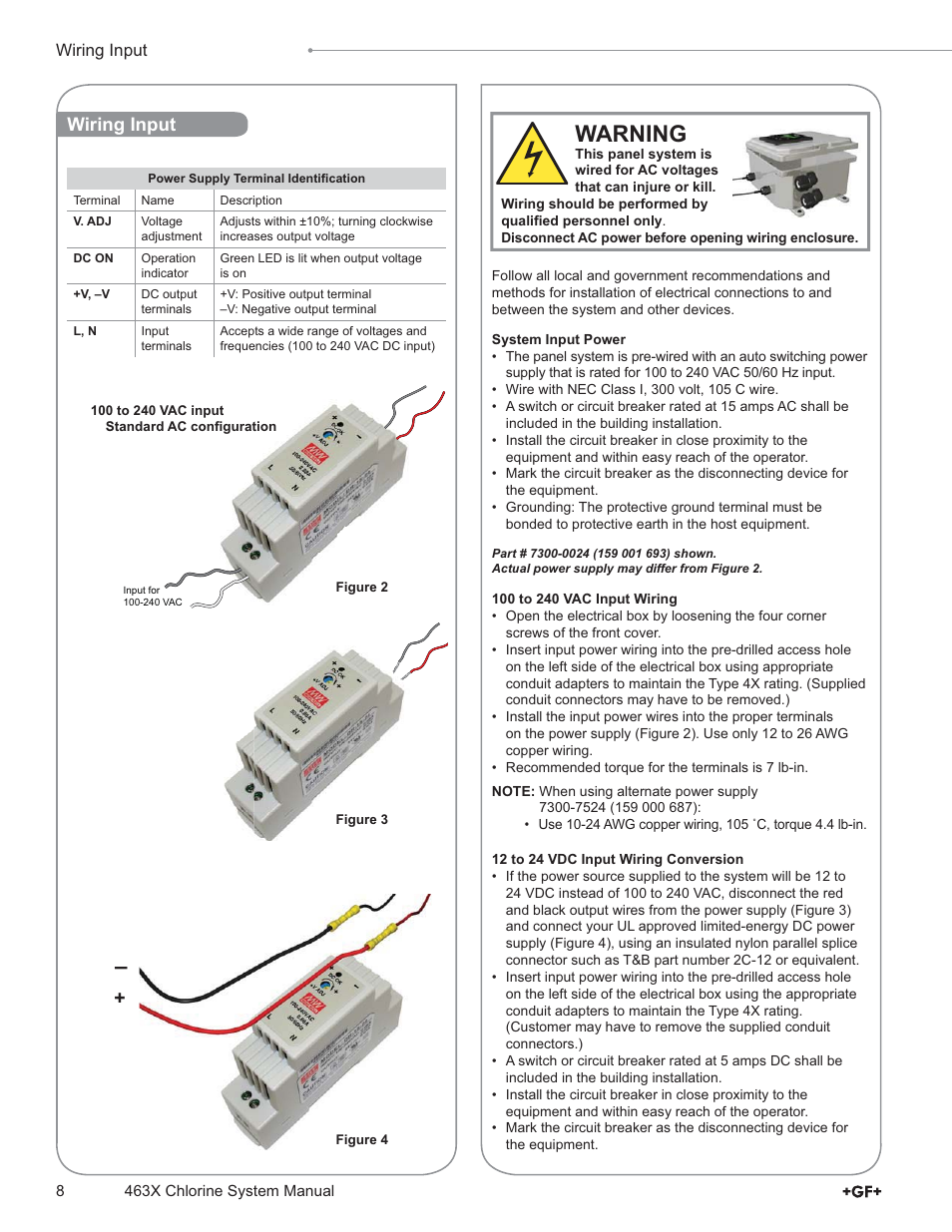 Warning, Wiring input | GF Signet 4632 Chlorine Dioxide Analyzer System User Manual | Page 8 / 48