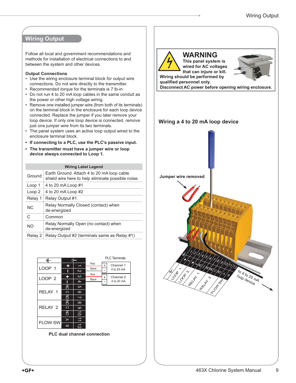Warning, Wiring a 4 to 20 ma loop device, Wiring output | GF Signet 4632 Chlorine Dioxide Analyzer System User Manual | Page 9 / 48