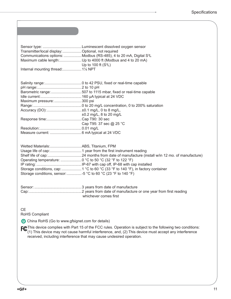 Specifi cations | GF Signet 2610 Process Optical Dissolved Oxygen Sensor User Manual | Page 11 / 12