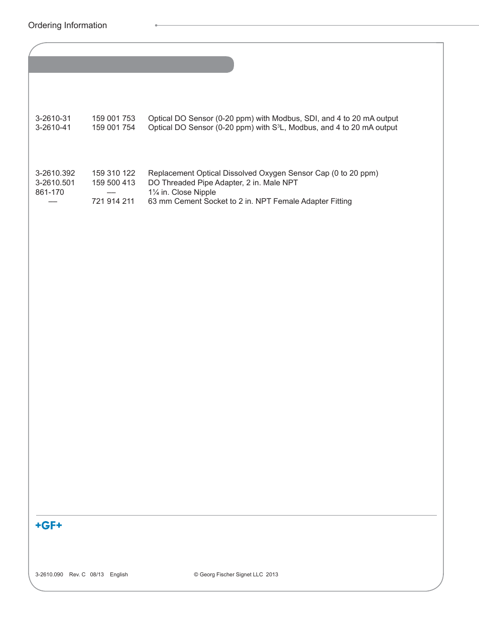 Ordering information | GF Signet 2610 Process Optical Dissolved Oxygen Sensor User Manual | Page 12 / 12