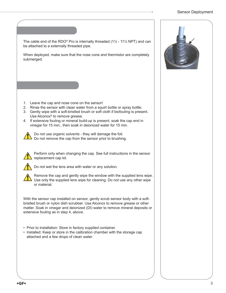 Sensor deployment, Care and maintenance | GF Signet 2610 Process Optical Dissolved Oxygen Sensor User Manual | Page 3 / 12