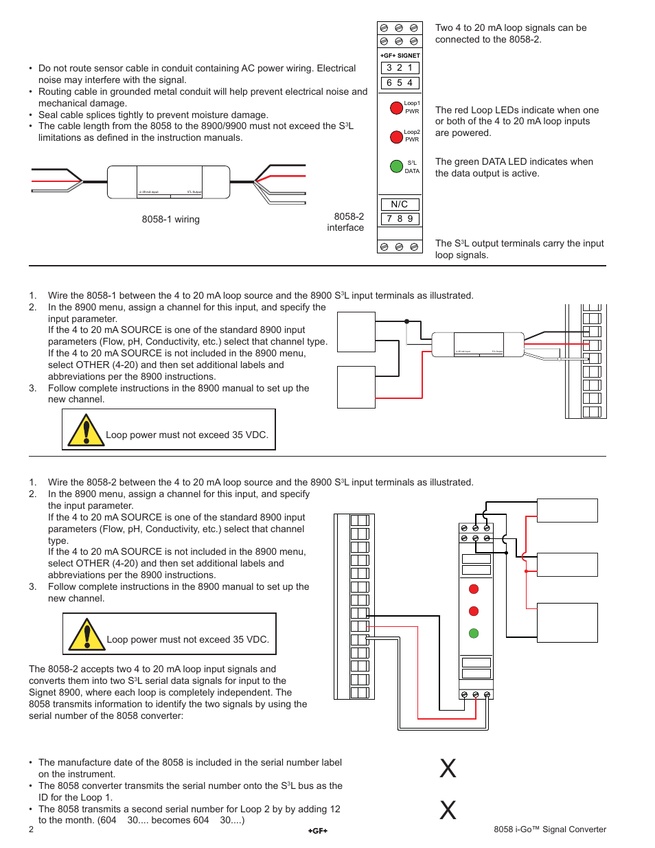 Wiring, Caution loop power must not exceed 35 vdc | GF Signet i-Go 8058 Signal Converter User Manual | Page 2 / 4