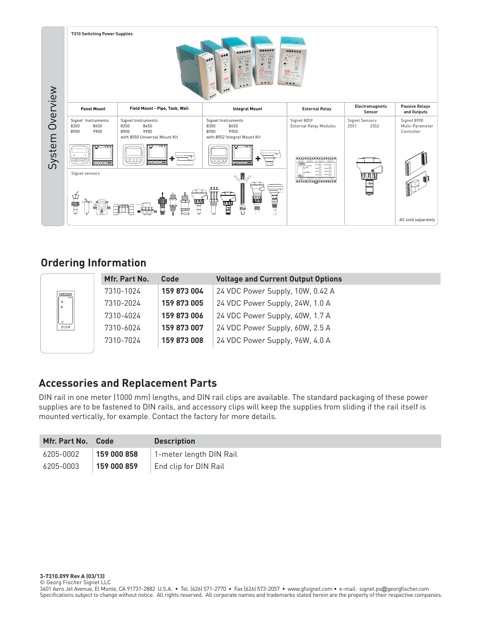 Sys tem ov erview, Accessories and replacement parts, Ordering information | Enter, Nc com no, Dc output, Dc input | GF Signet 7310 Switching Power Supplies User Manual | Page 4 / 4