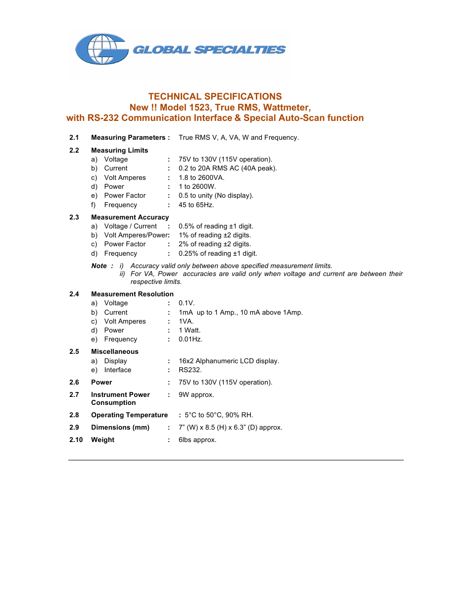 Global Specialties 1523 - Data Sheet User Manual | 1 page